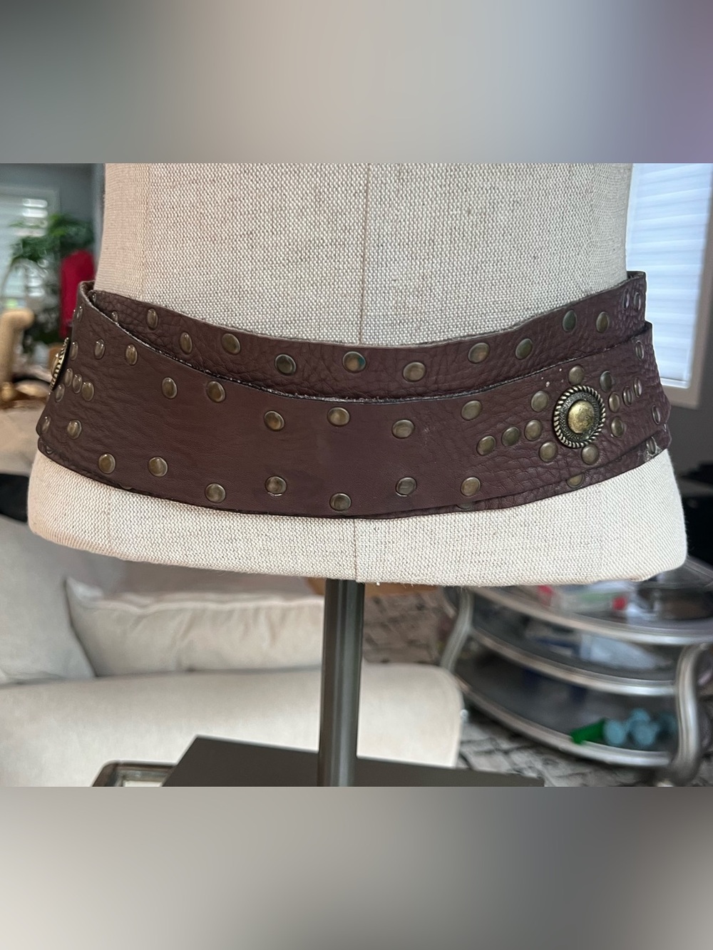 Brown Studded Wide Leather Waist Belt with Decorative Concho